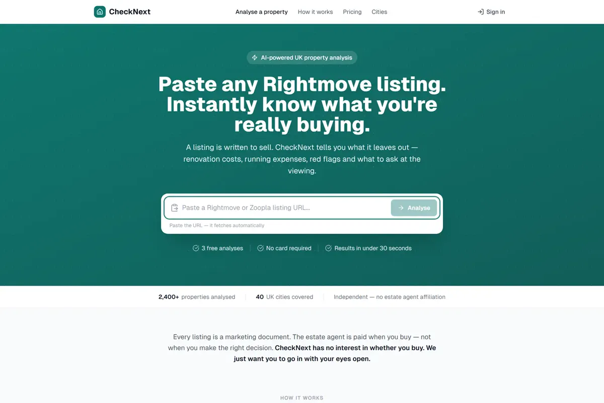 The CheckNext property report, running live.